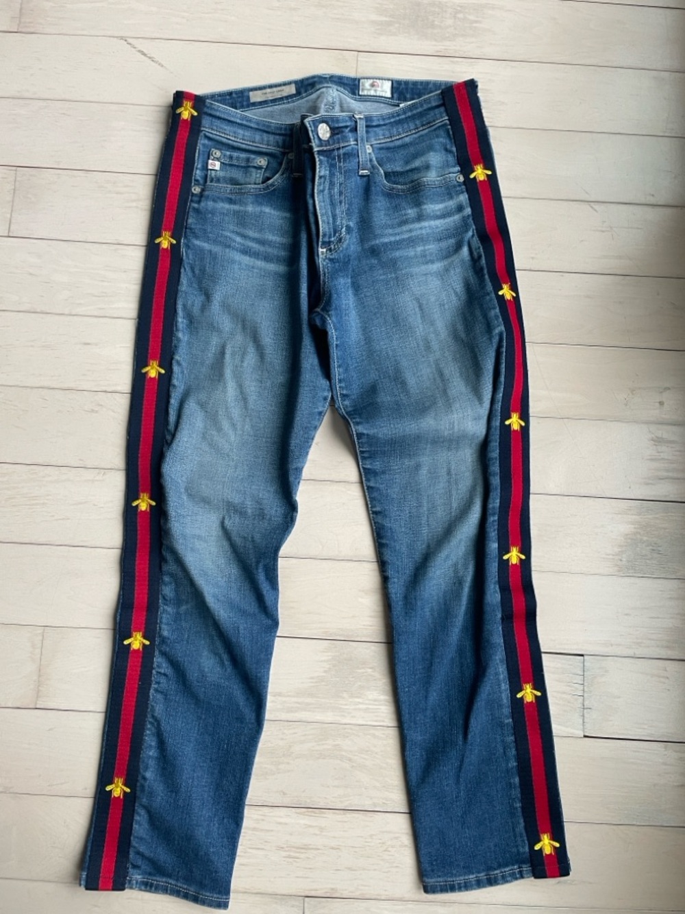 One of a Kind- Custom AG Jeans with Red & Navy Bee-Embroidered Side Stripes